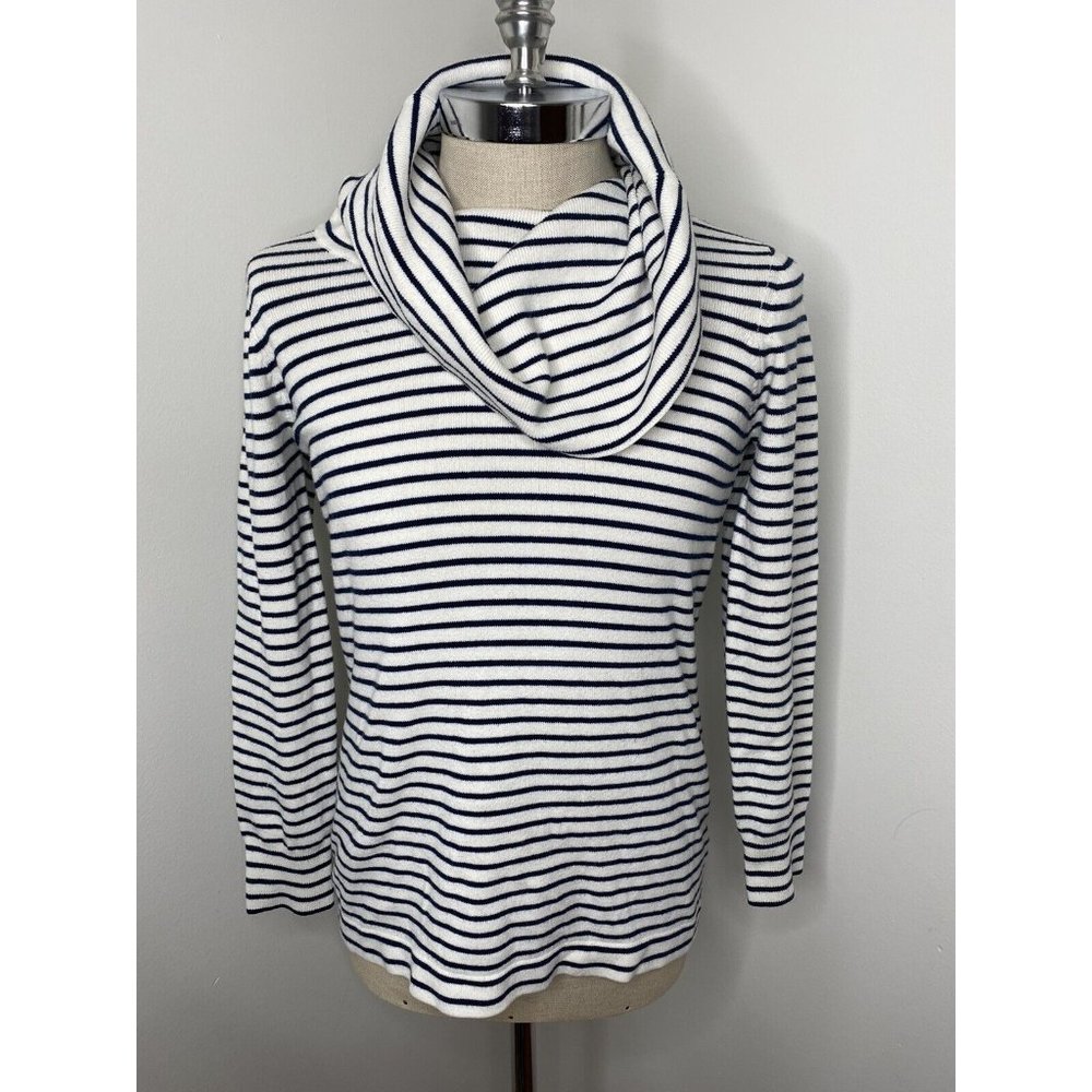 French Connection Womens Tunic Top Blue White Striped Sz L Turtle Neck Knit